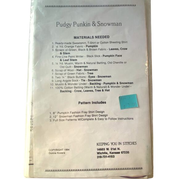 Keeping You In Stitches KS178 Pattern Pudgy Punkin and Snowman Shirt Vintage - Picture 4 of 6